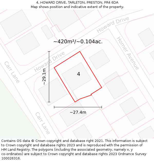 4, HOWARD DRIVE, TARLETON, PRESTON, PR4 6DA: Plot and title map