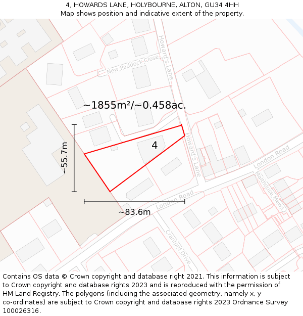 4, HOWARDS LANE, HOLYBOURNE, ALTON, GU34 4HH: Plot and title map