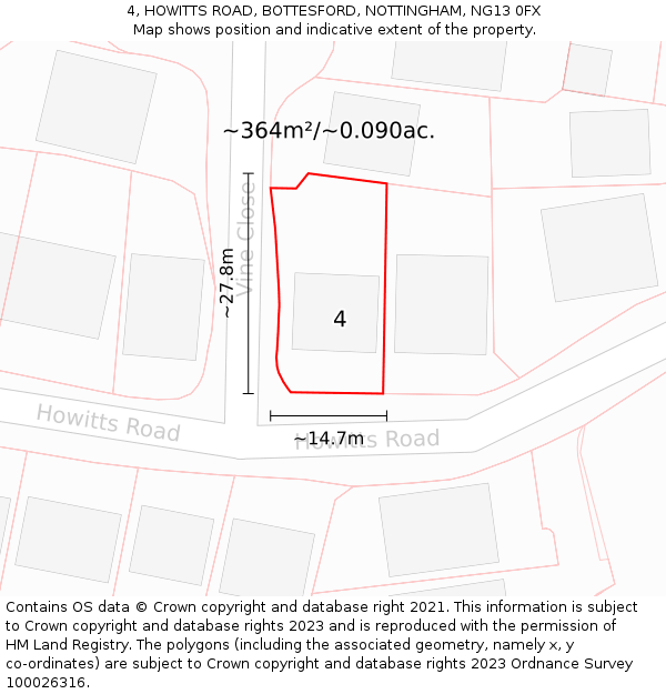 4, HOWITTS ROAD, BOTTESFORD, NOTTINGHAM, NG13 0FX: Plot and title map