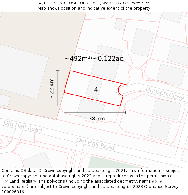 4, HUDSON CLOSE, OLD HALL, WARRINGTON, WA5 9PY: Plot and title map