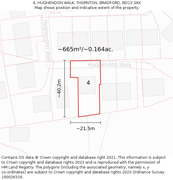4, HUGHENDON WALK, THORNTON, BRADFORD, BD13 3AX: Plot and title map