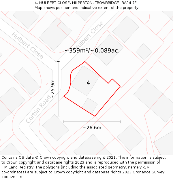 4, HULBERT CLOSE, HILPERTON, TROWBRIDGE, BA14 7FL: Plot and title map