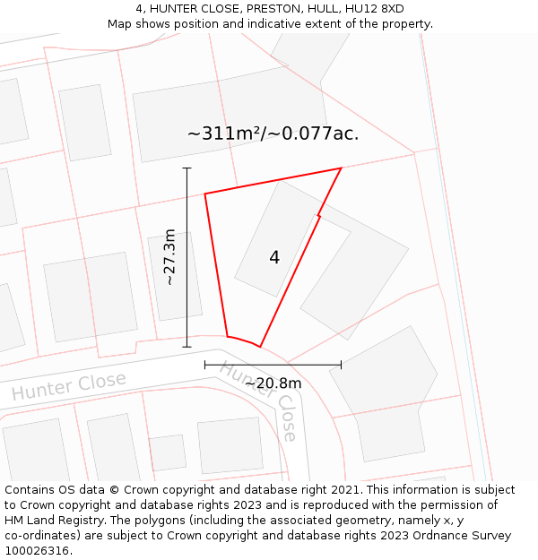 4, HUNTER CLOSE, PRESTON, HULL, HU12 8XD: Plot and title map