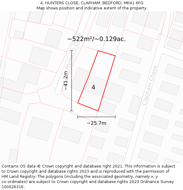 4, HUNTERS CLOSE, CLAPHAM, BEDFORD, MK41 6FG: Plot and title map