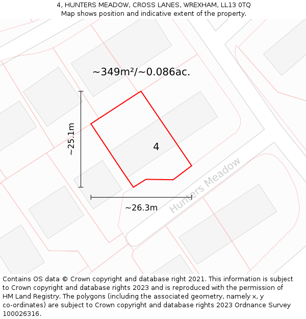 4, HUNTERS MEADOW, CROSS LANES, WREXHAM, LL13 0TQ: Plot and title map