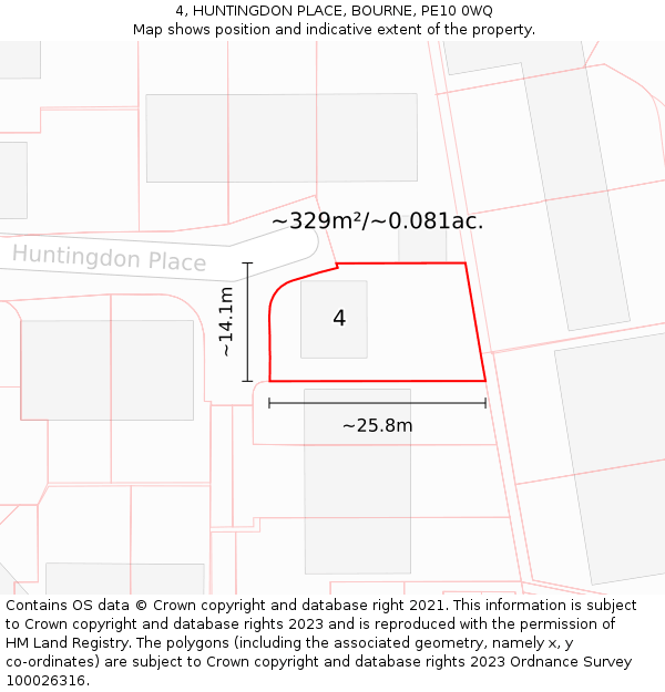 4, HUNTINGDON PLACE, BOURNE, PE10 0WQ: Plot and title map