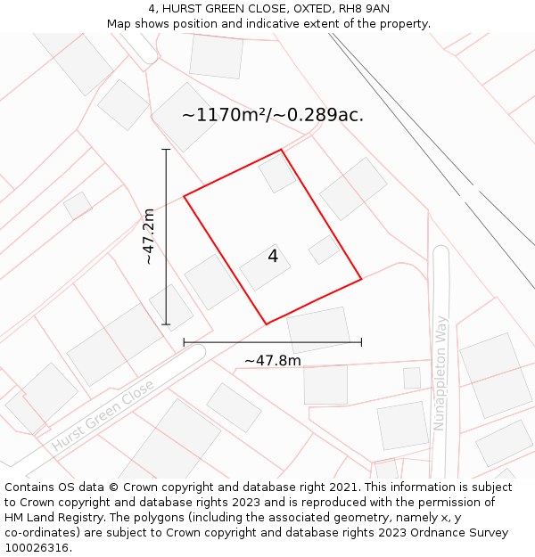 4, HURST GREEN CLOSE, OXTED, RH8 9AN: Plot and title map