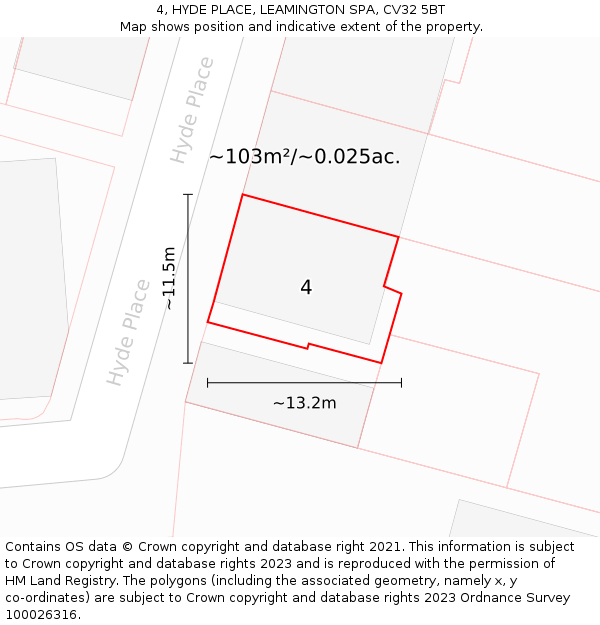 4, HYDE PLACE, LEAMINGTON SPA, CV32 5BT: Plot and title map