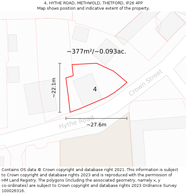 4, HYTHE ROAD, METHWOLD, THETFORD, IP26 4PP: Plot and title map