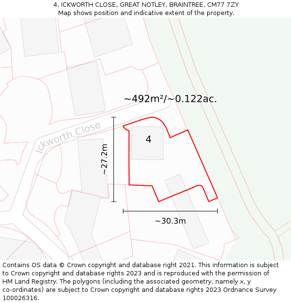 4, ICKWORTH CLOSE, GREAT NOTLEY, BRAINTREE, CM77 7ZY: Plot and title map