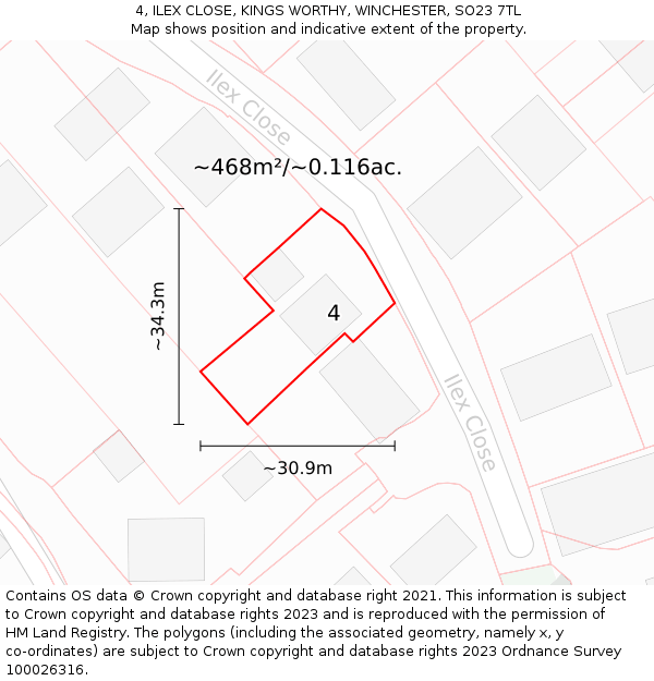 4, ILEX CLOSE, KINGS WORTHY, WINCHESTER, SO23 7TL: Plot and title map