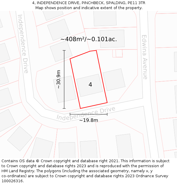 4, INDEPENDENCE DRIVE, PINCHBECK, SPALDING, PE11 3TR: Plot and title map