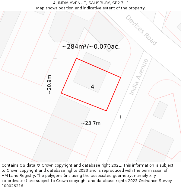 4, INDIA AVENUE, SALISBURY, SP2 7HF: Plot and title map