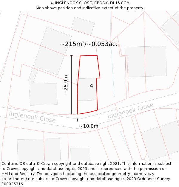 4, INGLENOOK CLOSE, CROOK, DL15 8GA: Plot and title map