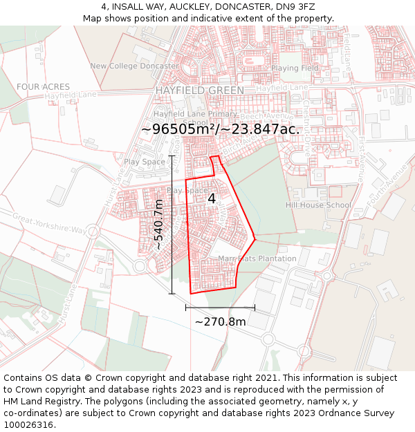 4, INSALL WAY, AUCKLEY, DONCASTER, DN9 3FZ: Plot and title map