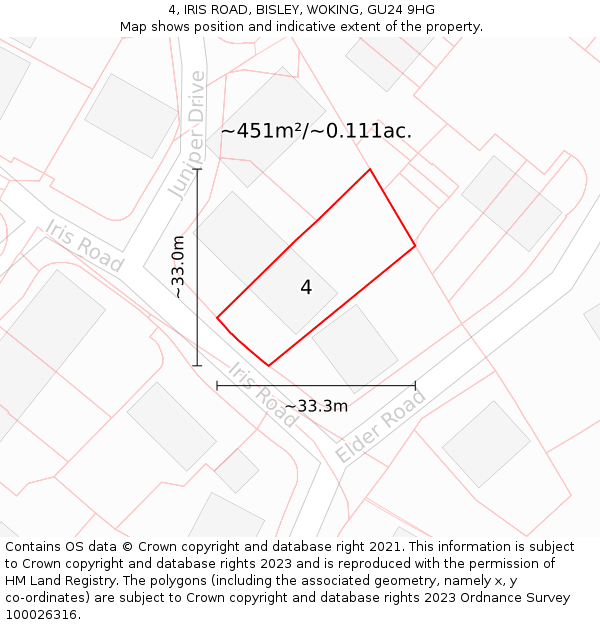 4, IRIS ROAD, BISLEY, WOKING, GU24 9HG: Plot and title map