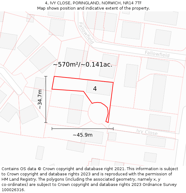 4, IVY CLOSE, PORINGLAND, NORWICH, NR14 7TF: Plot and title map