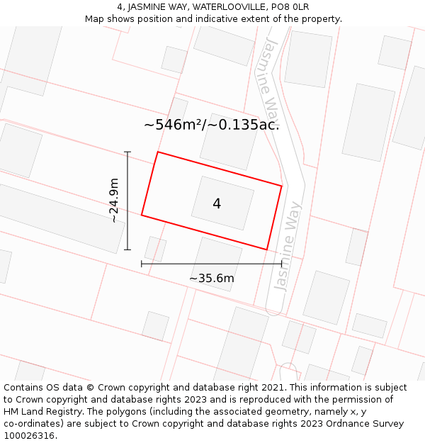 4, JASMINE WAY, WATERLOOVILLE, PO8 0LR: Plot and title map