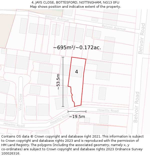 4, JAYS CLOSE, BOTTESFORD, NOTTINGHAM, NG13 0FU: Plot and title map