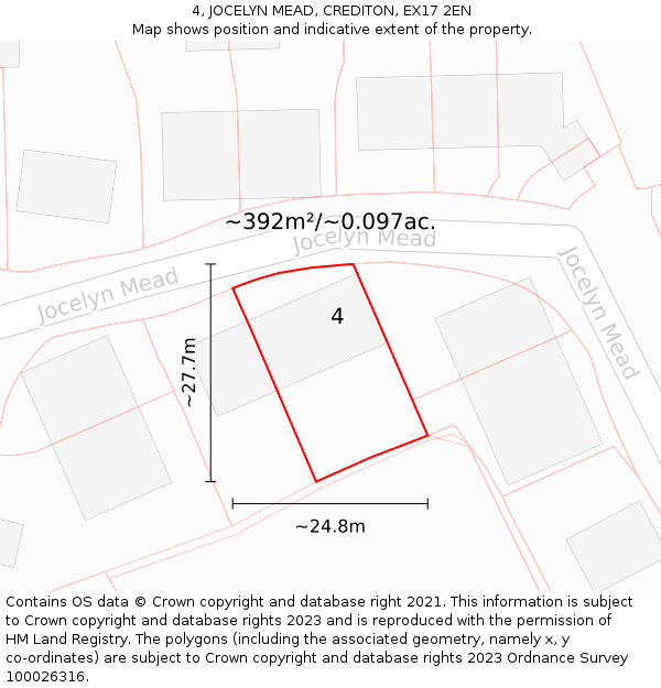 4, JOCELYN MEAD, CREDITON, EX17 2EN: Plot and title map