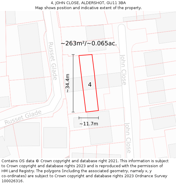 4, JOHN CLOSE, ALDERSHOT, GU11 3BA: Plot and title map