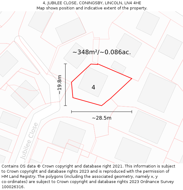 4, JUBILEE CLOSE, CONINGSBY, LINCOLN, LN4 4HE: Plot and title map