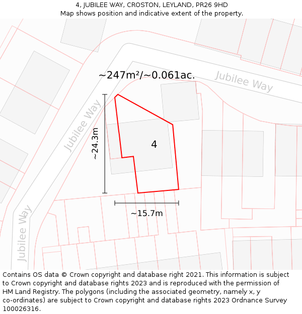 4, JUBILEE WAY, CROSTON, LEYLAND, PR26 9HD: Plot and title map