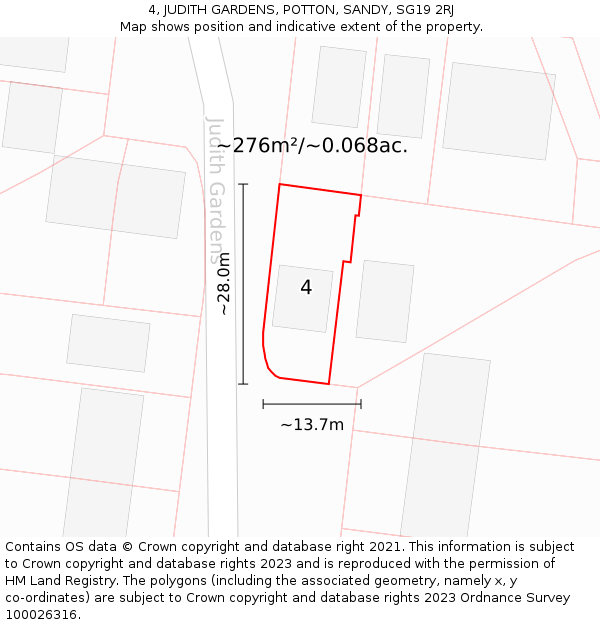 4, JUDITH GARDENS, POTTON, SANDY, SG19 2RJ: Plot and title map