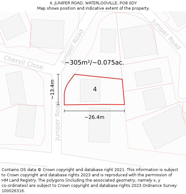 4, JUNIPER ROAD, WATERLOOVILLE, PO8 0DY: Plot and title map