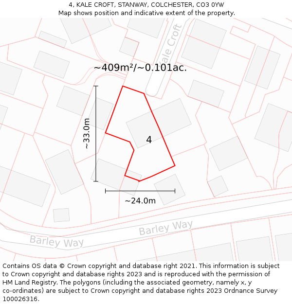 4, KALE CROFT, STANWAY, COLCHESTER, CO3 0YW: Plot and title map