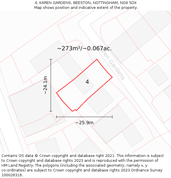4, KAREN GARDENS, BEESTON, NOTTINGHAM, NG9 5DX: Plot and title map