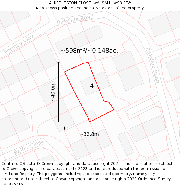 4, KEDLESTON CLOSE, WALSALL, WS3 3TW: Plot and title map