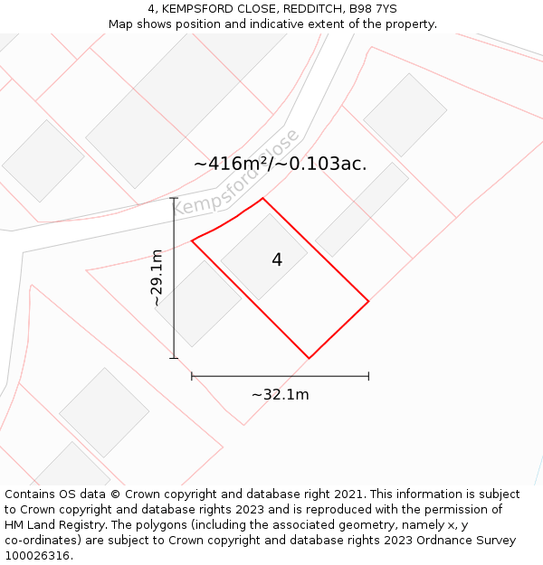 4, KEMPSFORD CLOSE, REDDITCH, B98 7YS: Plot and title map