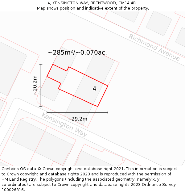 4, KENSINGTON WAY, BRENTWOOD, CM14 4RL: Plot and title map