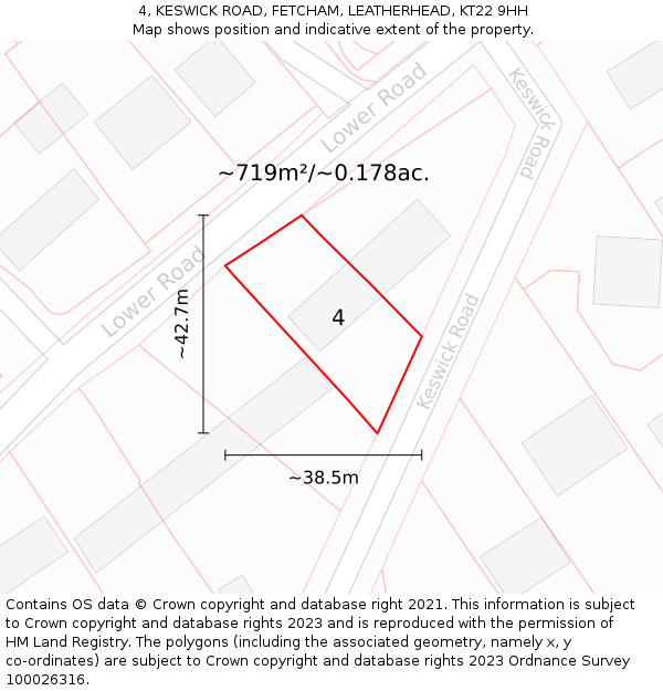 4, KESWICK ROAD, FETCHAM, LEATHERHEAD, KT22 9HH: Plot and title map