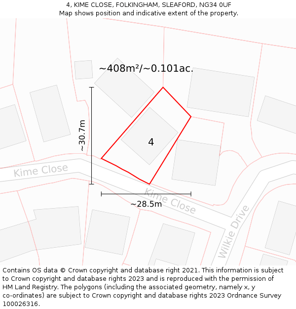 4, KIME CLOSE, FOLKINGHAM, SLEAFORD, NG34 0UF: Plot and title map