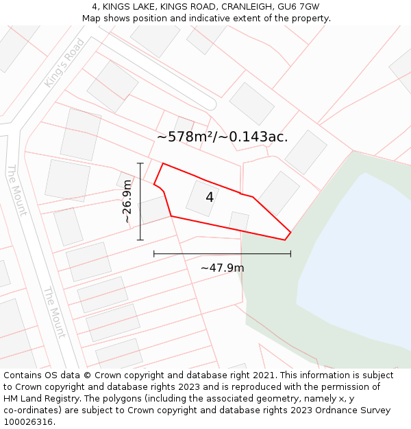 4, KINGS LAKE, KINGS ROAD, CRANLEIGH, GU6 7GW: Plot and title map