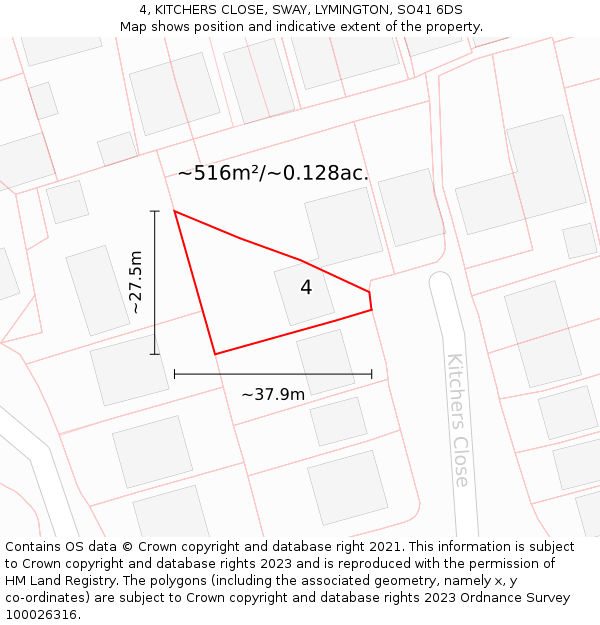 4, KITCHERS CLOSE, SWAY, LYMINGTON, SO41 6DS: Plot and title map