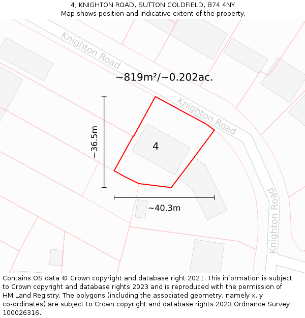 4, KNIGHTON ROAD, SUTTON COLDFIELD, B74 4NY: Plot and title map