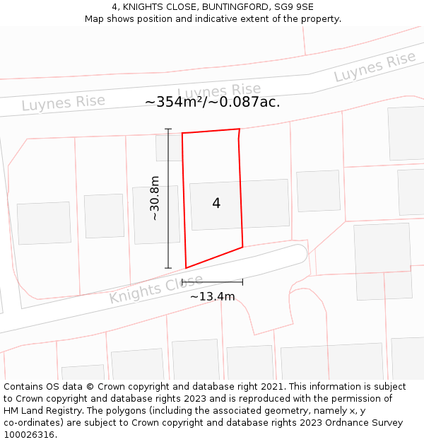 4, KNIGHTS CLOSE, BUNTINGFORD, SG9 9SE: Plot and title map