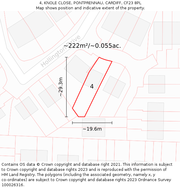 4, KNOLE CLOSE, PONTPRENNAU, CARDIFF, CF23 8PL: Plot and title map