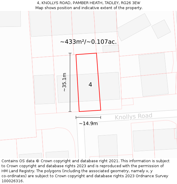 4, KNOLLYS ROAD, PAMBER HEATH, TADLEY, RG26 3EW: Plot and title map