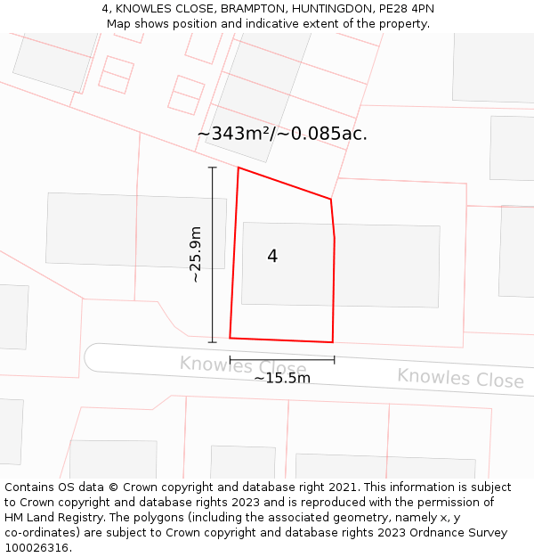 4, KNOWLES CLOSE, BRAMPTON, HUNTINGDON, PE28 4PN: Plot and title map