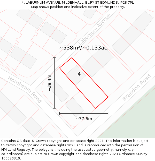 4, LABURNUM AVENUE, MILDENHALL, BURY ST EDMUNDS, IP28 7PL: Plot and title map