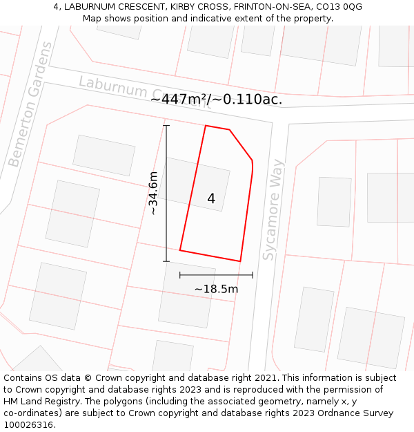4, LABURNUM CRESCENT, KIRBY CROSS, FRINTON-ON-SEA, CO13 0QG: Plot and title map