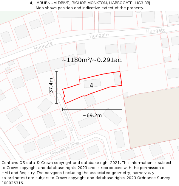 4, LABURNUM DRIVE, BISHOP MONKTON, HARROGATE, HG3 3RJ: Plot and title map