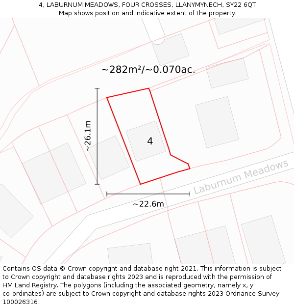 4, LABURNUM MEADOWS, FOUR CROSSES, LLANYMYNECH, SY22 6QT: Plot and title map