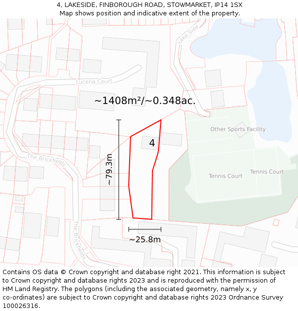 4, LAKESIDE, FINBOROUGH ROAD, STOWMARKET, IP14 1SX: Plot and title map