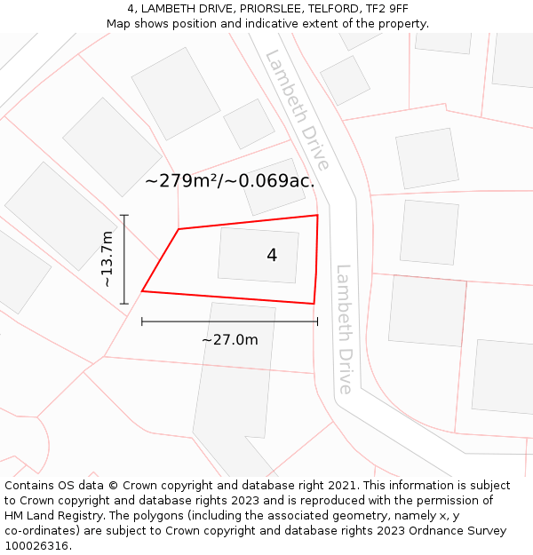 4, LAMBETH DRIVE, PRIORSLEE, TELFORD, TF2 9FF: Plot and title map