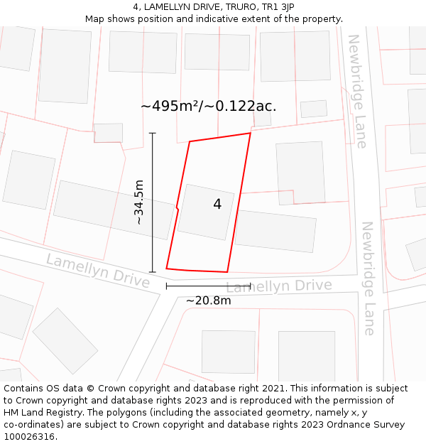 4, LAMELLYN DRIVE, TRURO, TR1 3JP: Plot and title map